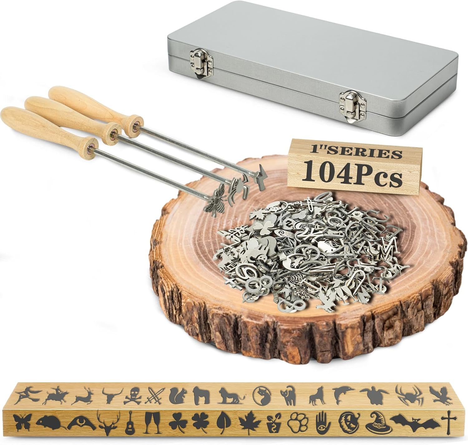 104Pcs Mini Branding Iron Kit, 1 Inch Stainless Steel Branding Irons for Wood, Leather, Steak - with Toolbox & Alphabet, Numbers (104PCS 1" Assorted Characters Set)