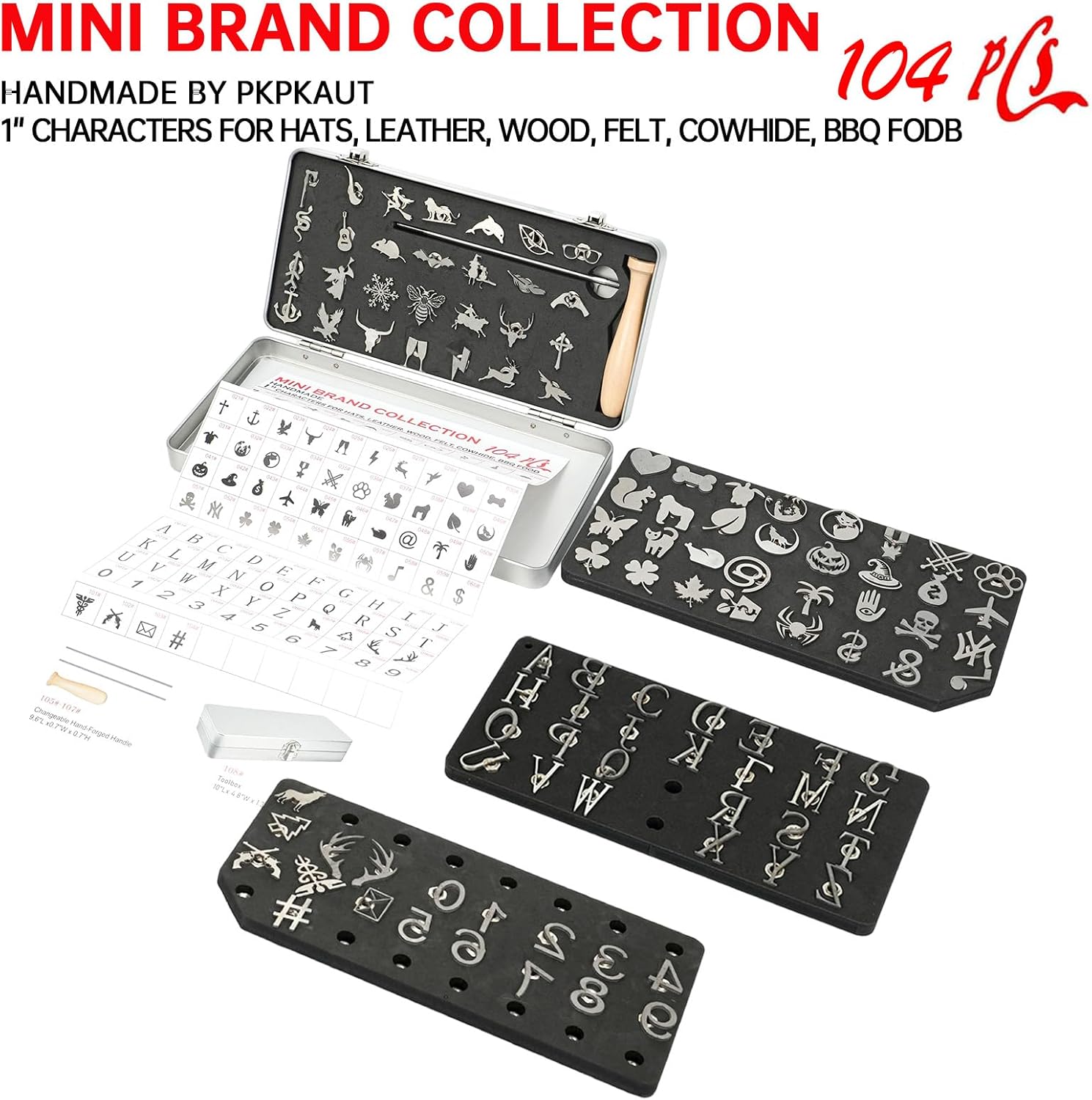 104Pcs Mini Branding Iron Kit, 1 Inch Stainless Steel Branding Irons for Wood, Leather, Steak - with Toolbox & Alphabet, Numbers (104PCS 1" Assorted Characters Set) - Image 3